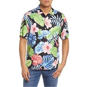 Tommy Bahama Hibiscus Grove 100% Silk Short Sleeve Camp Floral Black Pink